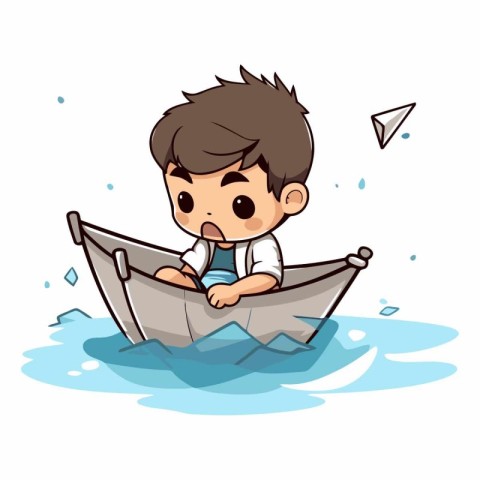 Boy riding a paper boat on the water. Vector cartoon illustratio