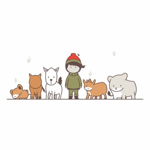 Cute kids with animals in doodle style