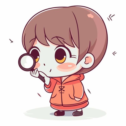 Girl looking through a magnifying glass in cartoon style.