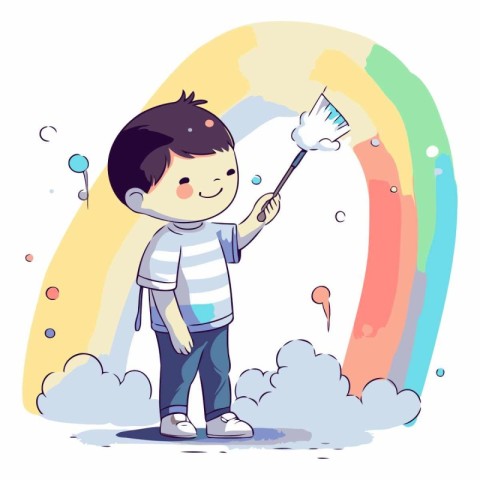 Cute little boy cleaning the cloud with a brush.