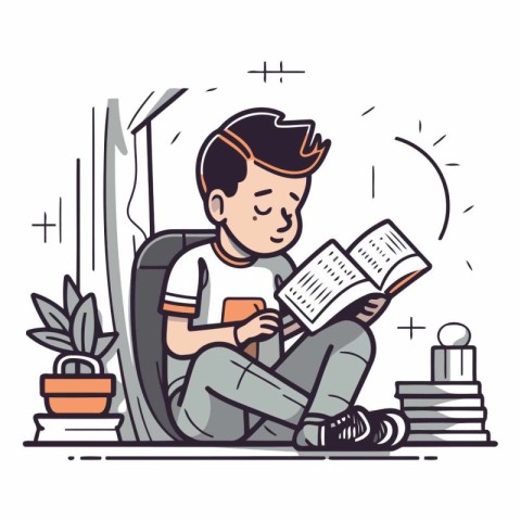 Young man reading a book in the room in cartoon style.