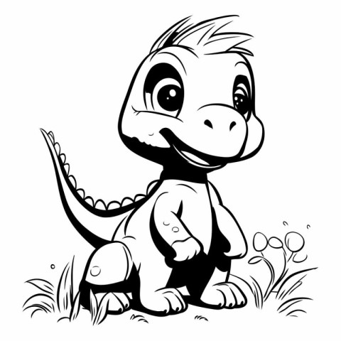 cute dinosaur sitting on the grass - black and white vector illu