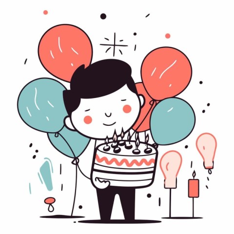 Cute boy with birthday cake and balloons. hand drawn vector illu