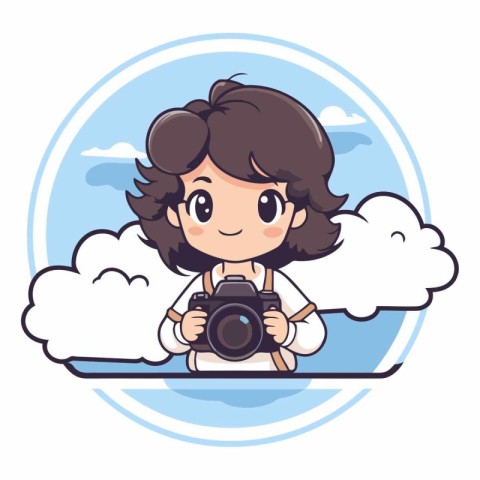 Cute little girl with camera and clouds in cartoon style.