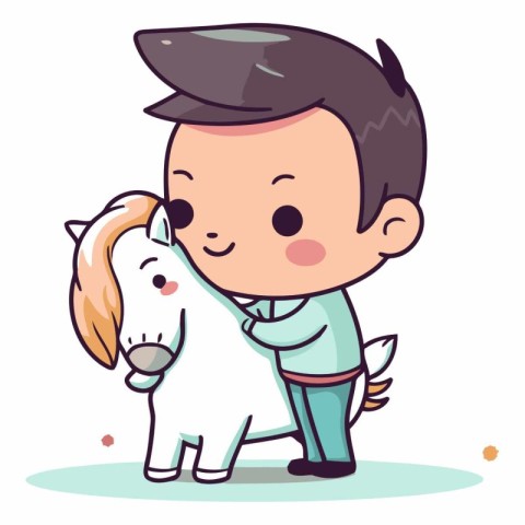 Boy with white pony. Cute vector illustration in cartoon style.