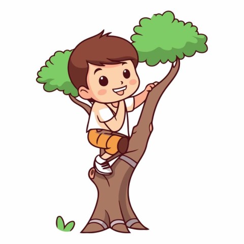 Cute little boy playing with a tree cartoon vector illustration