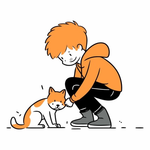 Little boy playing with a cat in sketch style.