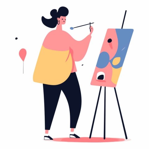 Woman artist painting picture on easel. Flat style vector illust