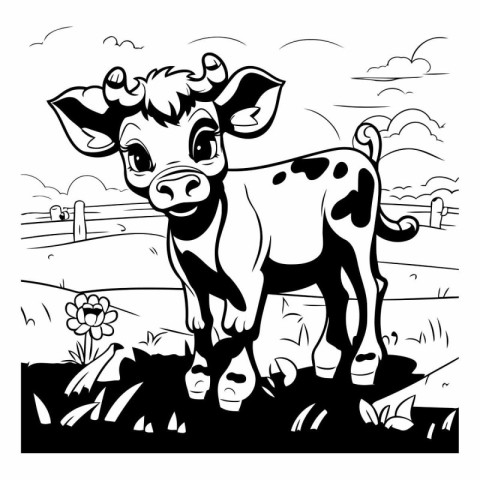 Black and White Cartoon Illustration of Cute Baby Cow on the Far