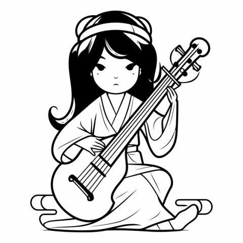 japanese girl playing the guitar - black and white vector illust