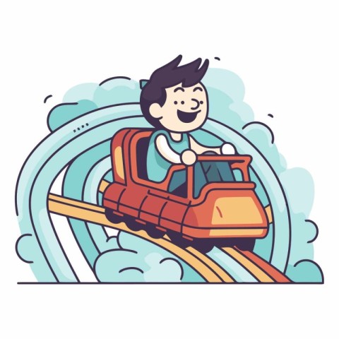 Cartoon boy sliding on a roller coaster in cartoon style.