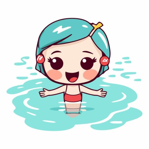 Cute little girl swimming in the pool. Cartoon style.