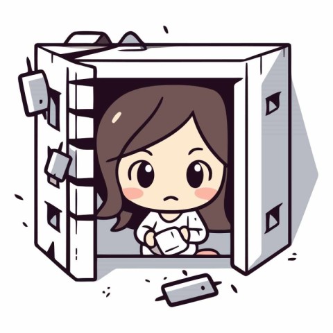 Illustration of a little girl inside a safe. Cartoon style.