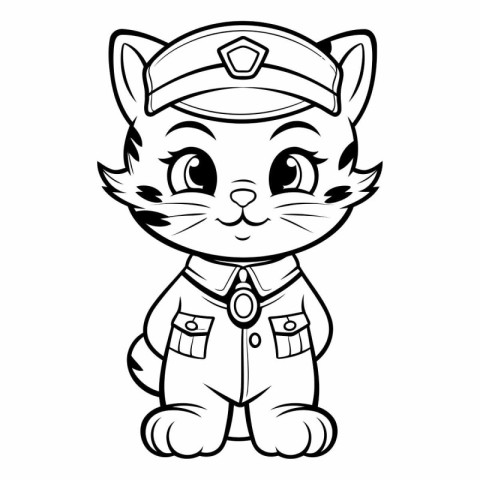 Black and White Cartoon Illustration of Cute Cat Captain Charact