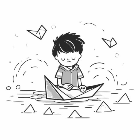 Boy playing on a paper boat of a boy playing on a paper boat.