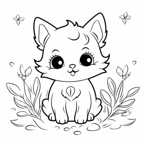 Cute cartoon cat sitting on the grass for coloring book.