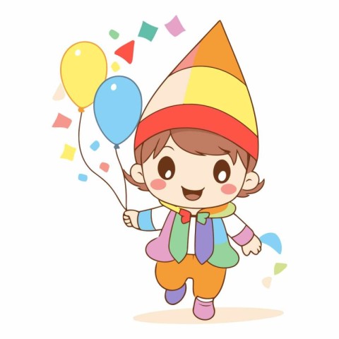 Illustration of a Kid Boy Wearing Party Hat Holding Balloons