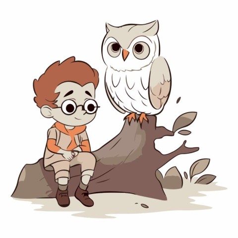 Illustration of a boy and a owl sitting on a tree.