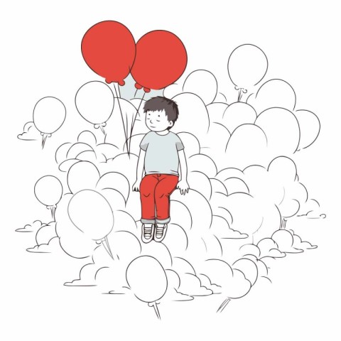 Boy with balloons flying in the clouds on white background.