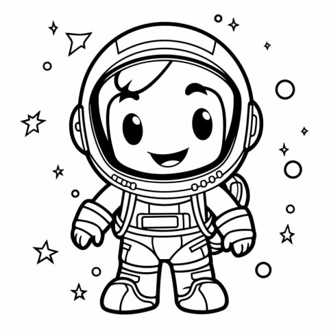 Black and White Cartoon Illustration of Cute Astronaut Boy Chara