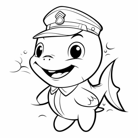 Black and White Cartoon Illustration of Cute Little Fish Police