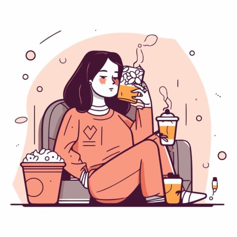 Illustration of a woman drinking beer and eating popcorn.