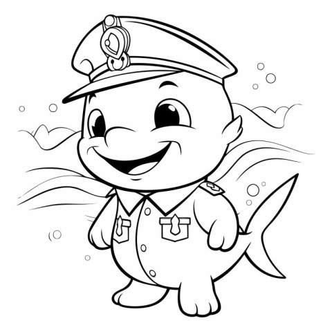 Black and White Cartoon Illustration of Cute Little Fish Captain