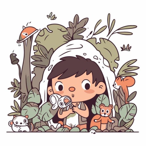 Cute little girl in the jungle in cartoon style.