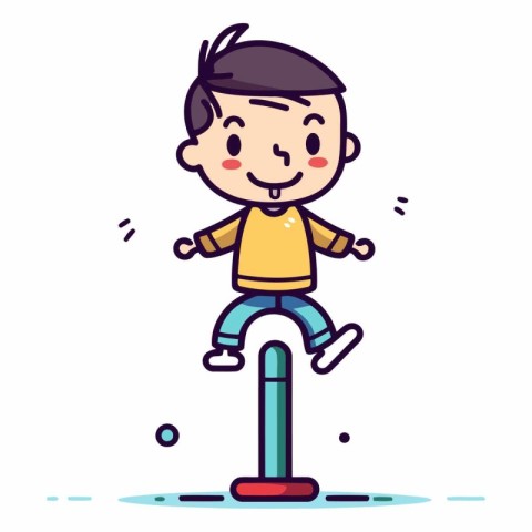 Happy boy jumping on a seesaw. Vector flat cartoon illustration.