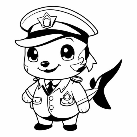 Black and White Cartoon Illustration of Cute Little Shark Captai