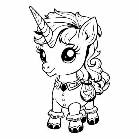 Cute cartoon unicorn. Black and white vector illustration for co