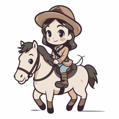 Illustration of a Cute Little Girl Wearing a Cowboy Hat and Ridi