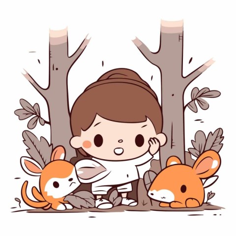 Little boy playing with animals in the forest. Cute cartoon vect