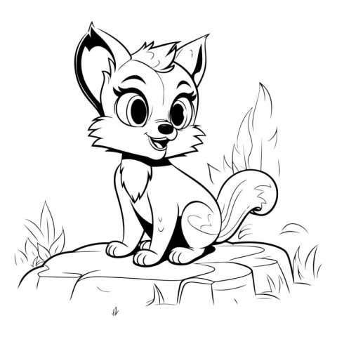 Cute cartoon fox sitting on the rock. black and white vector ill