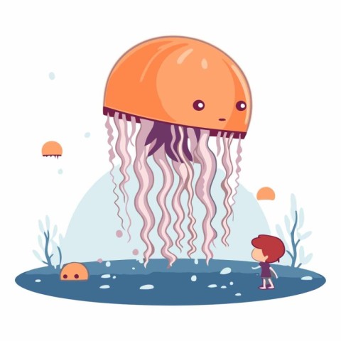 Jellyfish on the bottom of the sea. Vector cartoon illustration