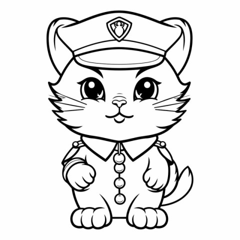 Black and White Cartoon Illustration of Cute Cat Police Officer