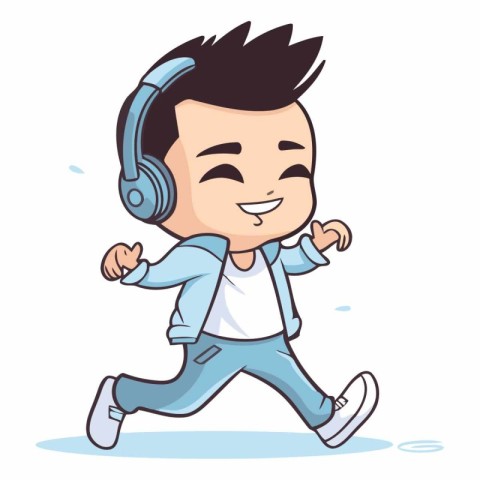 Cute boy running and listening music with headphones.