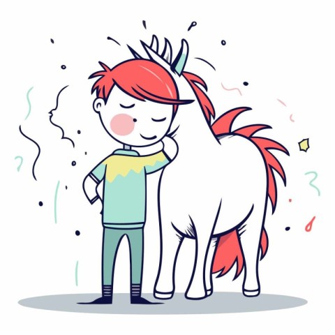 Little boy and unicorn in doodle style.