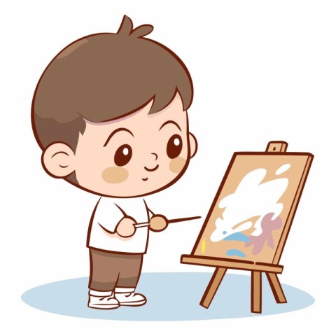 Boy painting a picture on easel vector illustration. Cartoon cha