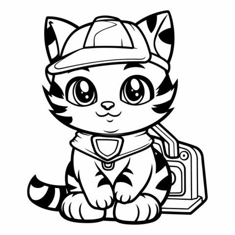 Black and White Cartoon Illustration of Cute Wildcat Animal Char