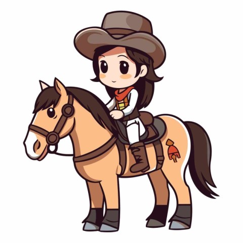 Cowboy girl riding a horse on white background.