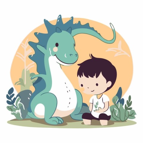 Cute little boy and dinosaur in cartoon style.