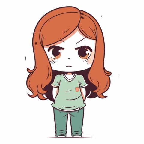 Angry little girl with long hair in cartoon style.