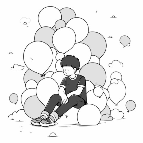 Illustration of a boy sitting on a big cloud with balloons.