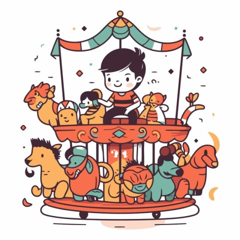 Cute little boy riding on a carousel.