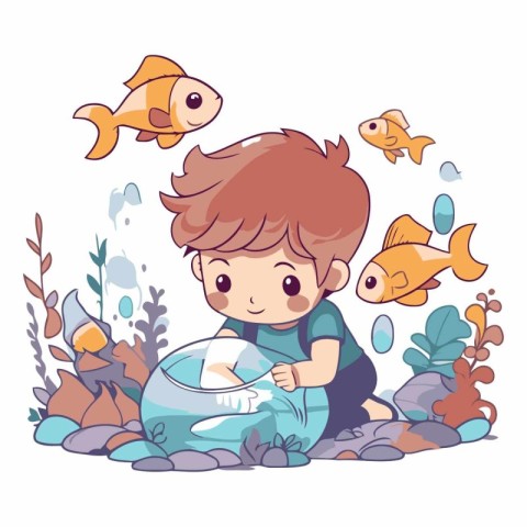 Cute little boy playing with fishes in aquarium.