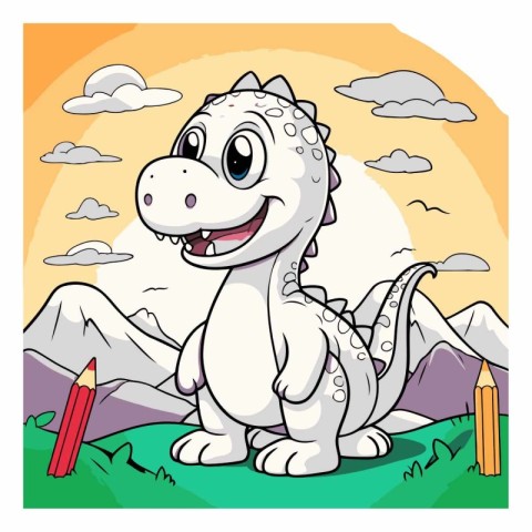 Cute dinosaur with pencil in the field - vector illustration. ep