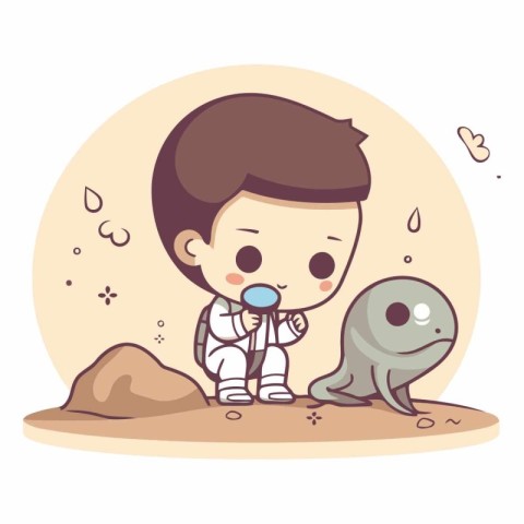 Cute little boy playing with a seal in cartoon style.