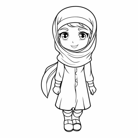 Cute muslim girl in hijab for coloring book.