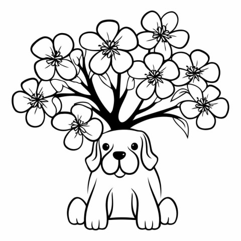 Cute dog and tree with flowers. Black and white vector illustrat